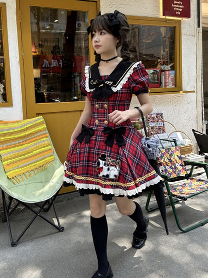 Trim Lace Black Red Sweet Plaid Lolita Dress with Patch Puppy and