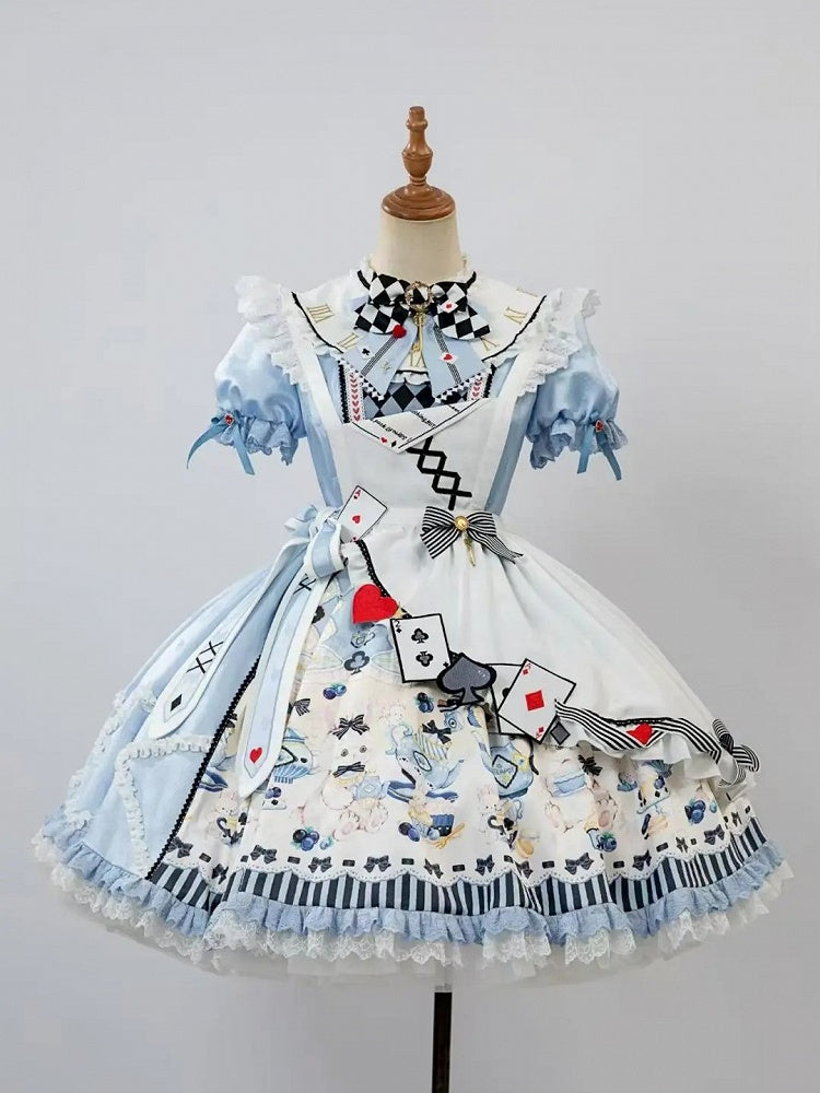 Sweet Lolita Apron Dress OP Full Set with Bunny & Teapot Print in Blue - Ying Luo Fu