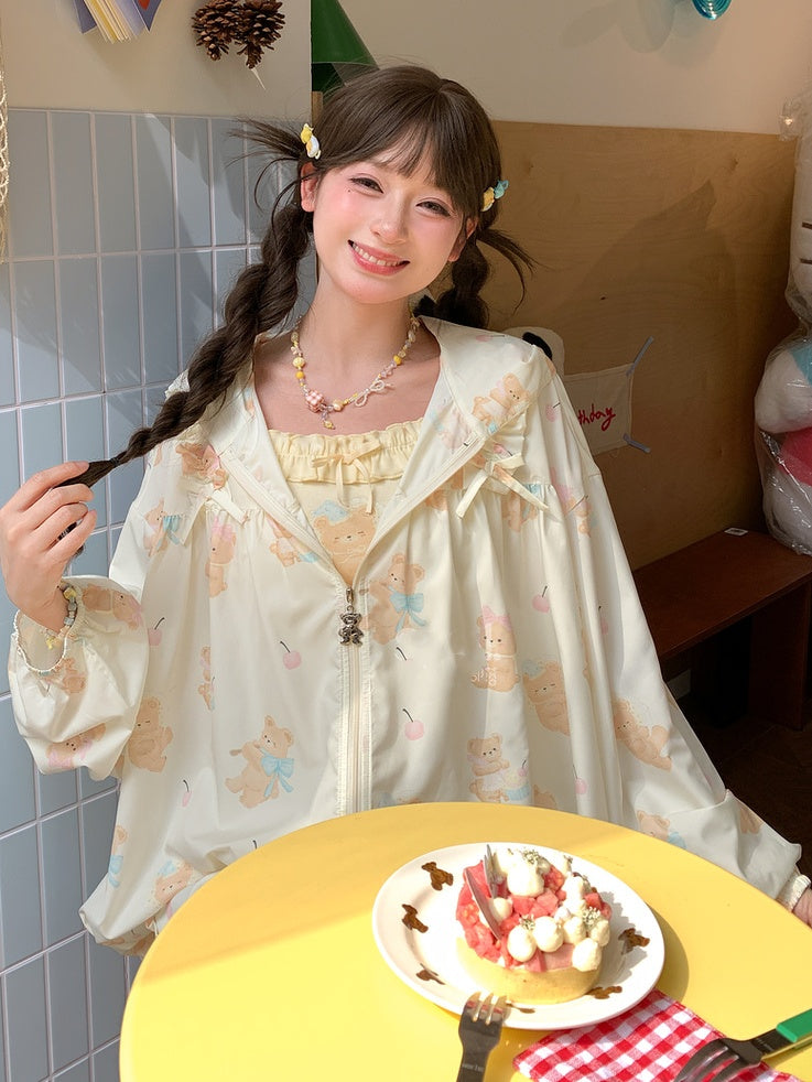 Jacke Hellgelb Niedlicher Bärendruck Sonnenschutz Mit Kapuze