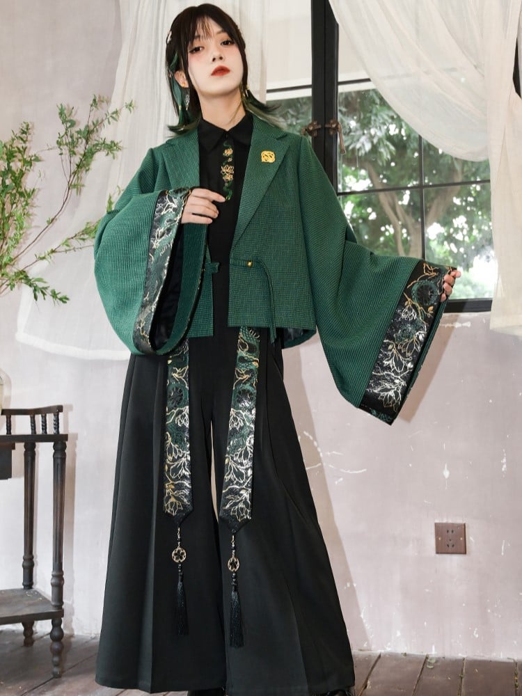 Sleeves Snake Crop with Brocade Han Cheongsam Gothic Green Wide Blazer