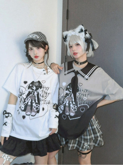 Mädchen Print Farbverlauf Schwarz T-Shirt Y2K Matrosenkragen Punk