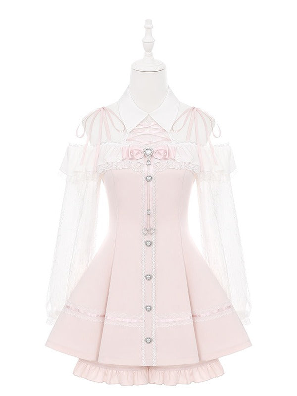 Pale Pink & White Ryousangata Two-Piece Set - Off-Shoulder Lace Long Sleeve Gown + Coordinating Shorts - Puppet Bombs