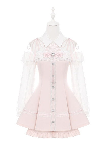 Pale Pink & White Ryousangata Two-Piece Set - Off-Shoulder Lace Long Sleeve Gown + Coordinating Shorts - Puppet Bombs