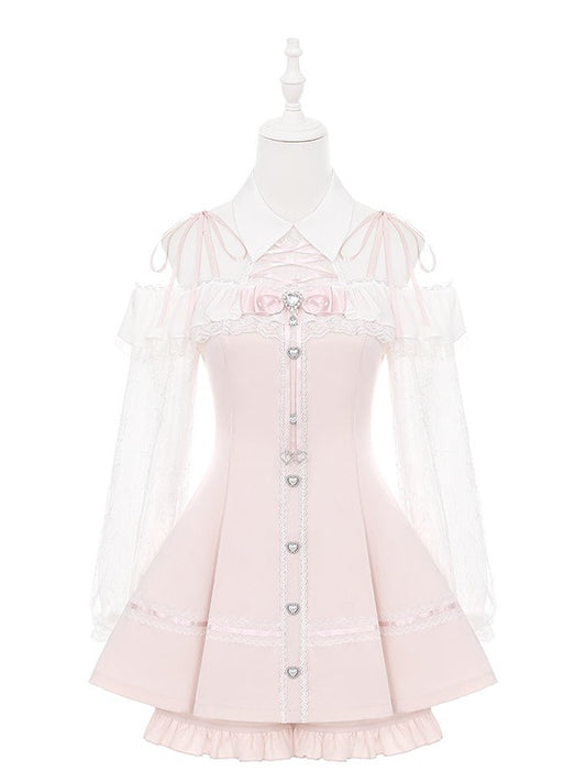 Pale Pink & White Ryousangata Two-Piece Set - Off-Shoulder Lace Long Sleeve Gown + Coordinating Shorts - Puppet Bombs
