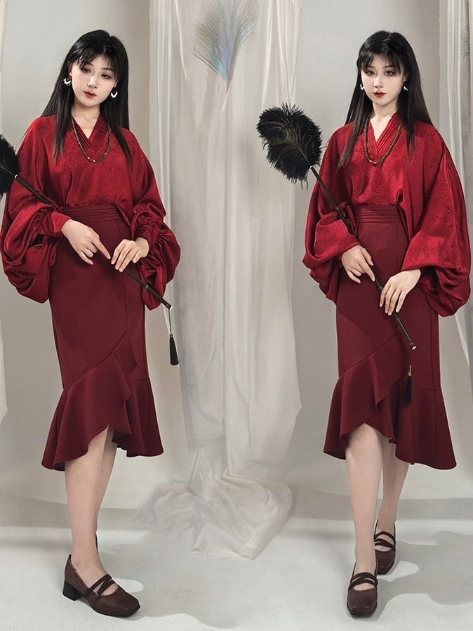 Chinese Hem Partial Waistband with - Mermaid Red Ruffle Style Elastic Skirt