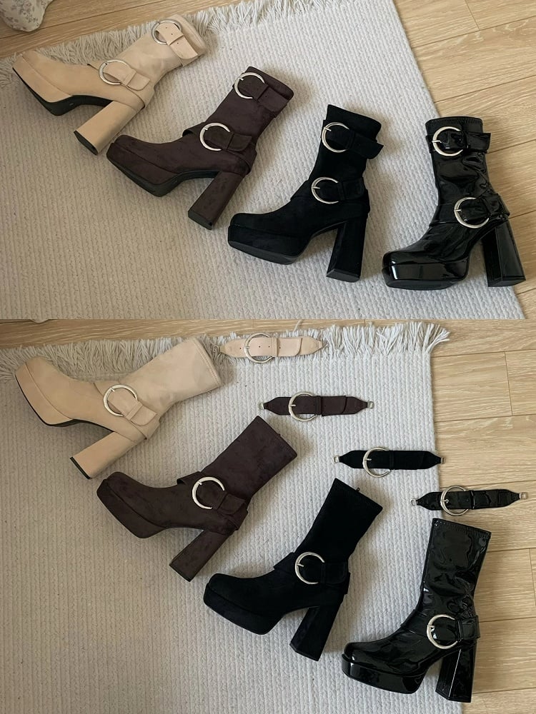 Toe Black Design Block Square Platform High Boots Heel with