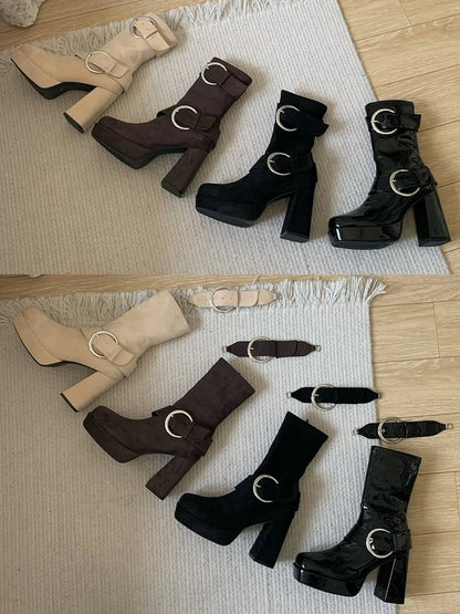 Square Buckle - High Lolita Accents Inner Khaki Boots Heel Platform Mid-calf Toe Block with Zip
