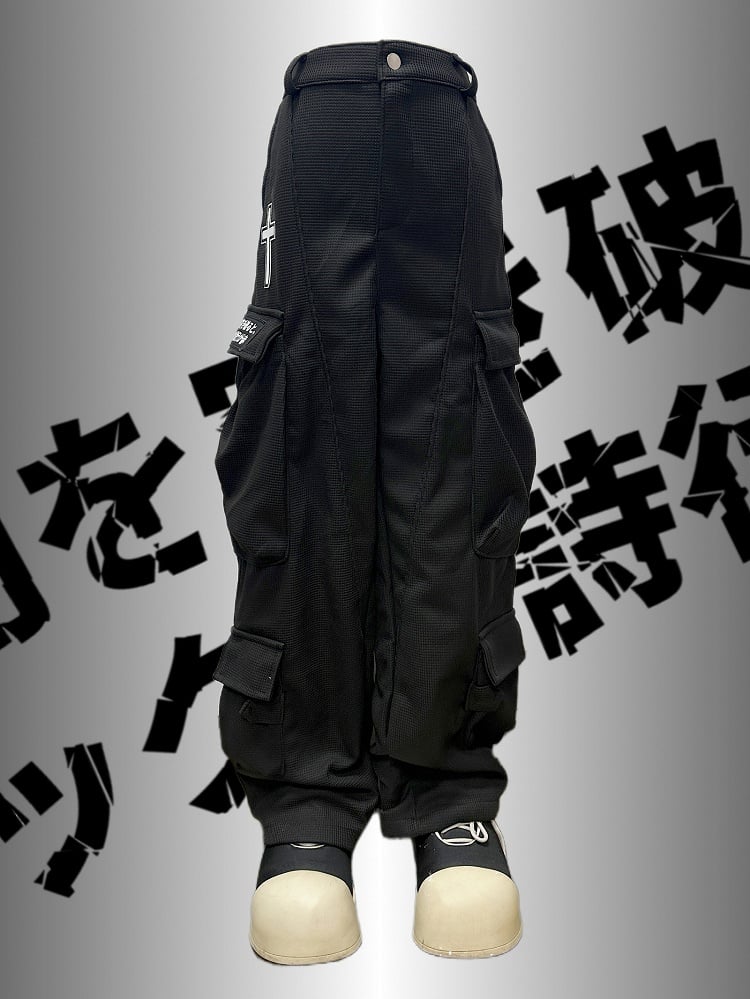 Applikation Schwarz Punk Weites Bein Cargo Kreuz Verziert Rock Taschen Hose Brief Und
