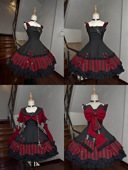 JSK Collar and Ears Red Dress Gothic Sailor Striped Pattern Big + Kitty Bow Top Lolita Black Cropped