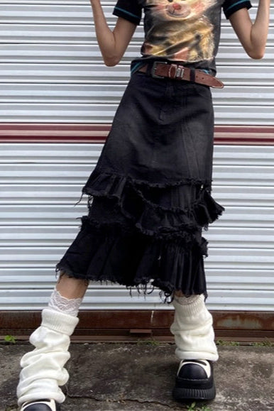 切りっぱなしミディデニムスカート