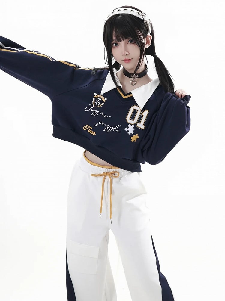 Collared Sweatshirt Preppy Cropped with Print Number Blue Dark Shield Patch