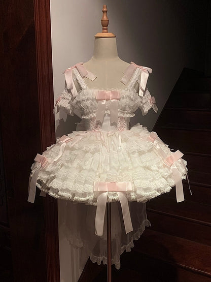 Dress Pink Off-the-shoulder Lolita Sweet Bow White Layered Hime Accents with Lace Ruffles