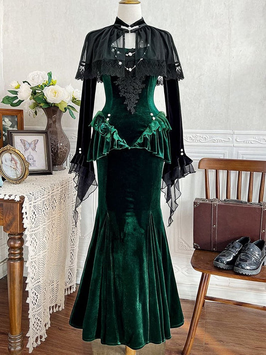Shrug with Long Green Velvet Dress Forest Dark Mermaid Sleeves
