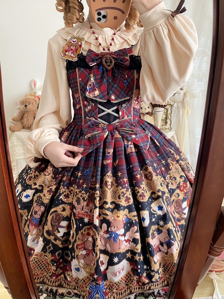 Lolita Trim Details Dress with Sweet Bear Black Lace Red Bow Print Plaid and