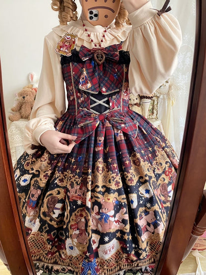 Lolita Trim Details Dress with Sweet Bear Black Lace Red Bow Print Plaid and