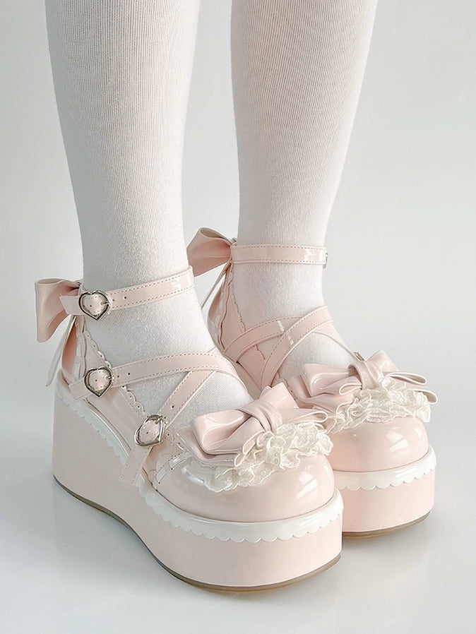 Lolita Platform Upper Lace Tiered Bow - Pink Top Mary with Janes