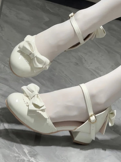 Lolita Sandals - Low PU with Bow Leather White Elegant Heel Accent