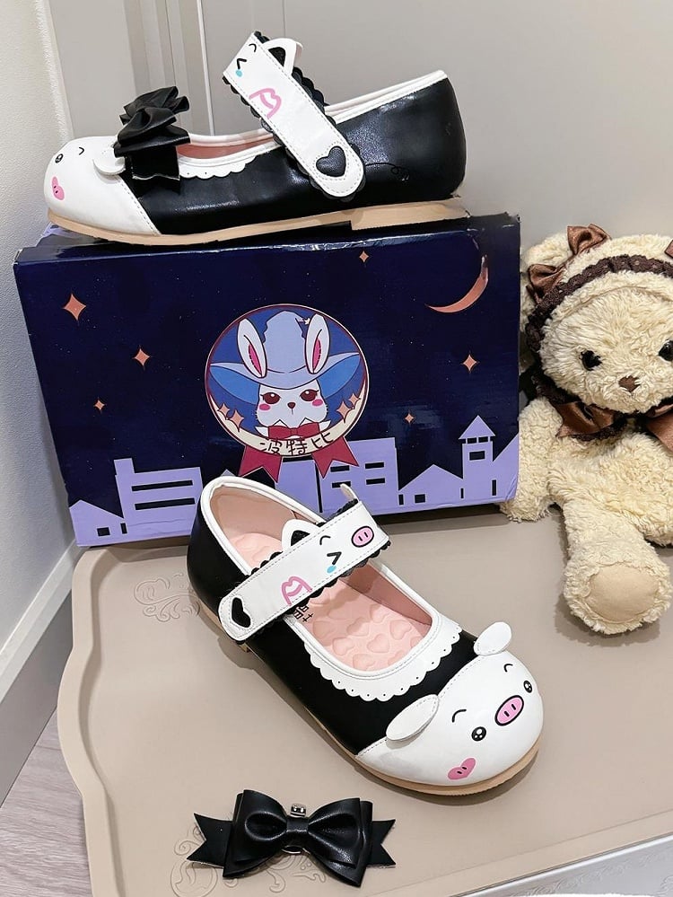 Print with Interchangeable Pig Mary Janes Black Flat Lolita Bow Detail Sweet - Scalloped
