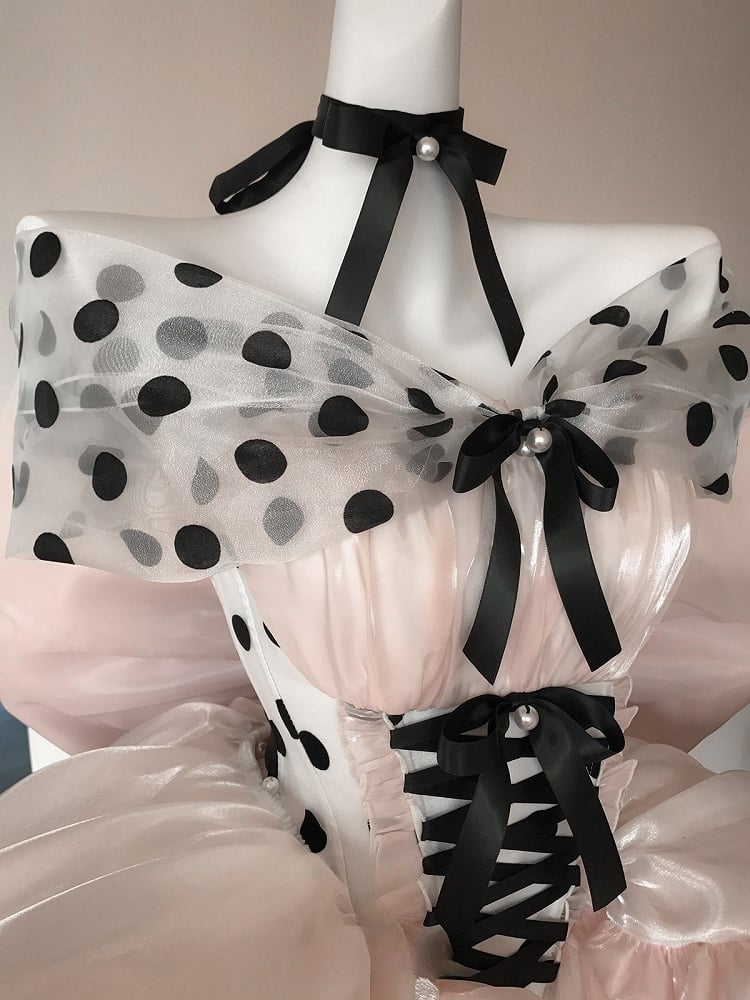 Satin Off-the-Shoulder Dress with and Large Bow Detail Dot Pink Princess Balletcore Polka