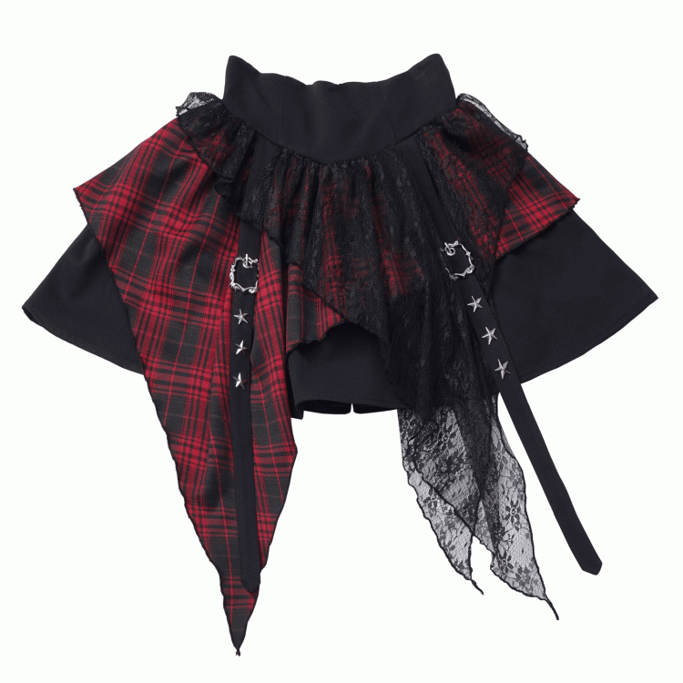 Red / Lace Buckle Straps Handkerchief Plaid Studs Star Core with Idol Hem Y2K - Black Skirt