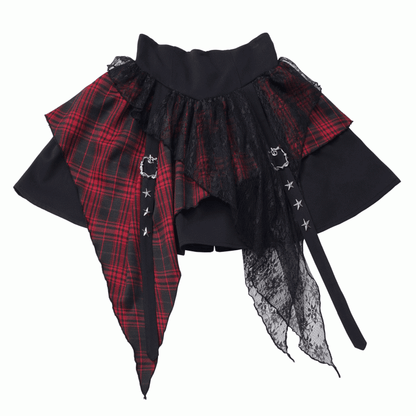 Red / Lace Buckle Straps Handkerchief Plaid Studs Star Core with Idol Hem Y2K - Black Skirt