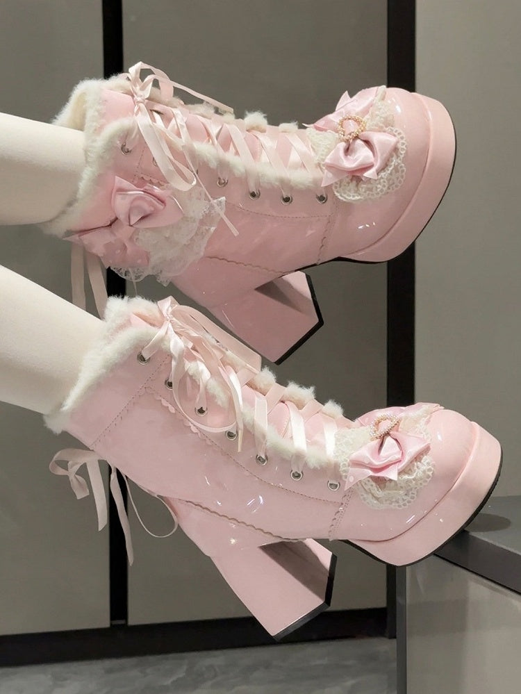Sweet Pink 8CM High Heel Winter Boots with Lace & Heart Accents and Front Lacing - Witch's Night