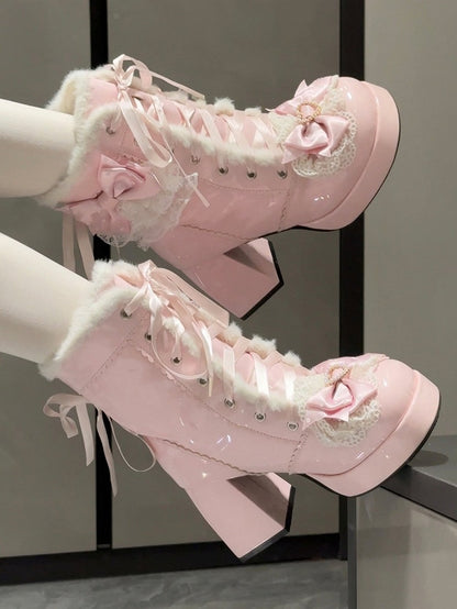 Sweet Pink 8CM High Heel Winter Boots with Lace & Heart Accents and Front Lacing - Witch's Night