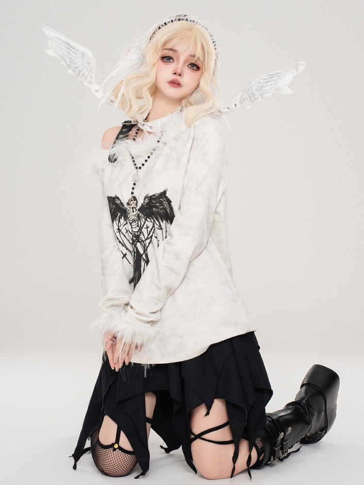 Punk Milk White Angel Asymmetrischer Ausschnitt Langarm Top Plüschbesatz