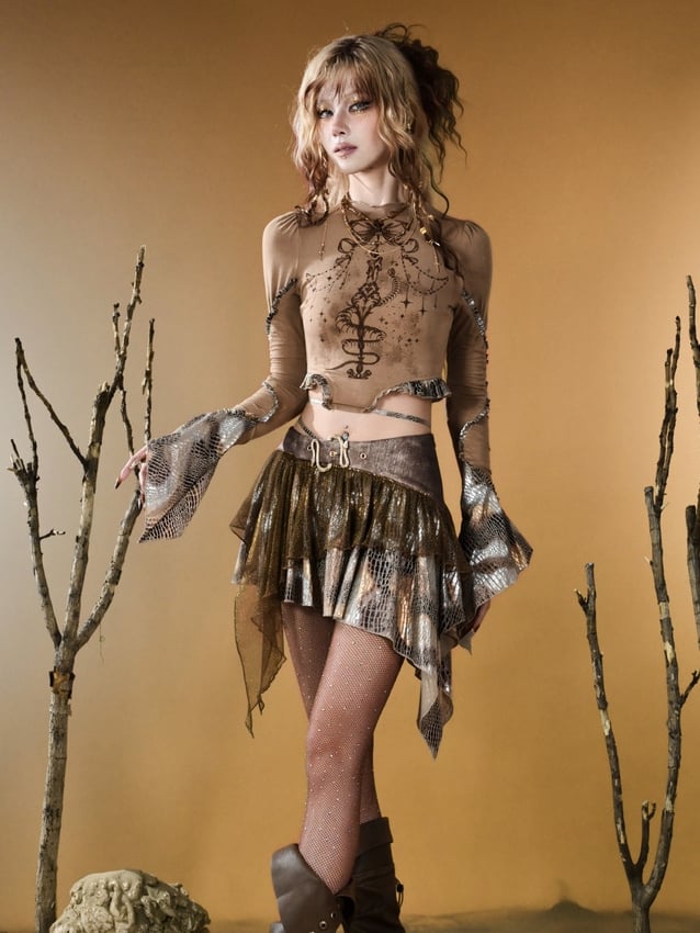 Ärmel Top Print Schlangenhaut Glocke Muster Design Wasteland Brown Punk