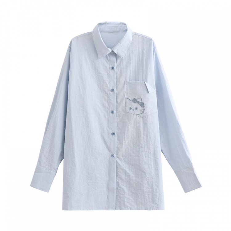 Back Shirt Kitty Embroidery on Pocket Kitty-shaped Detail Blue/Pink Loose Cutout