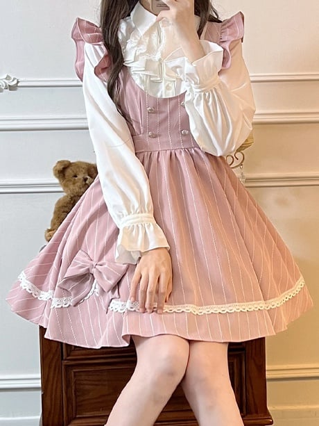 White Sweet Lace Details Jabot Collar Long Sleeves Elastic Cuffs Blouse