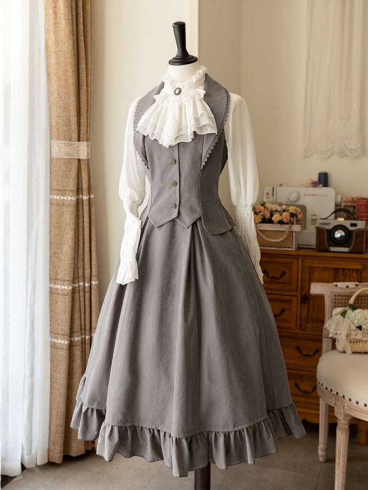 グレーのエレガントなレトロウエストコート/ボーン入りハイウエストスカート