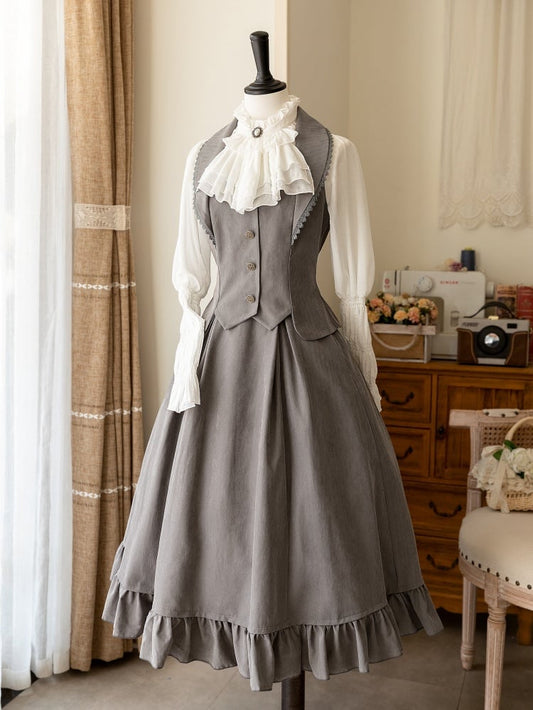 グレーのエレガントなレトロウエストコート/ボーン入りハイウエストスカート