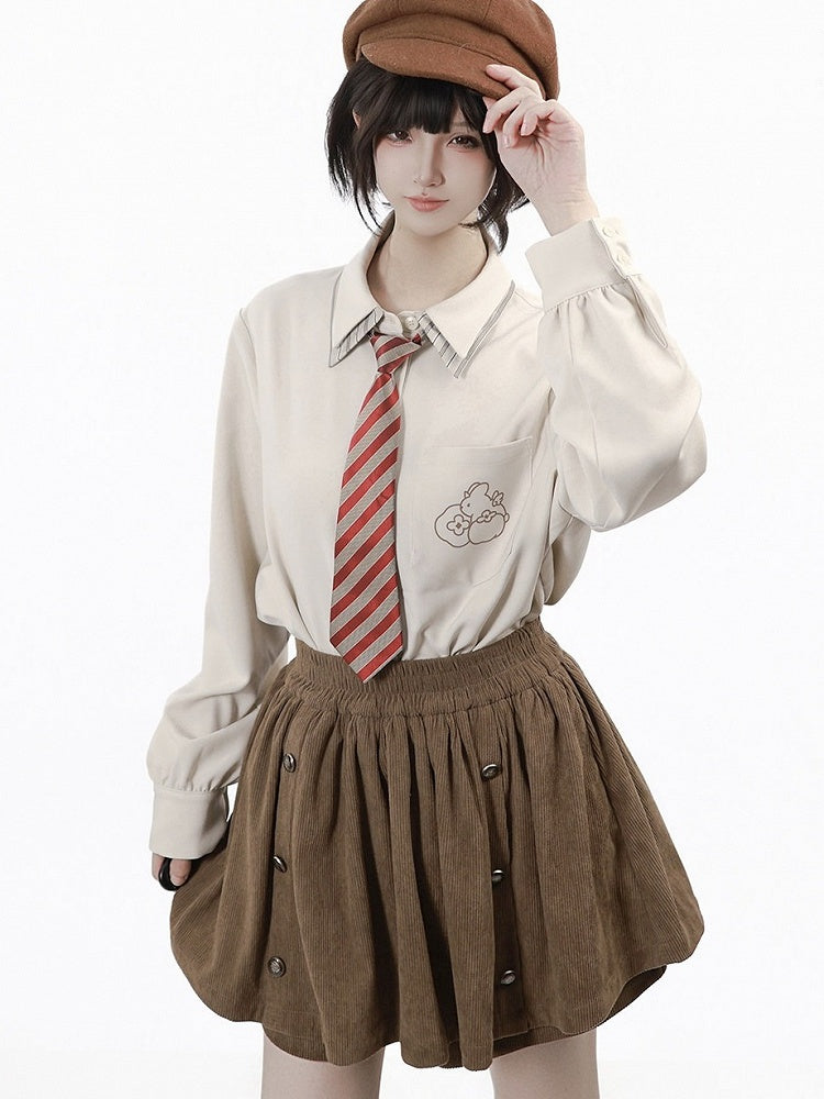Apricot Double-Collar Long Sleeve Blouse with Striped Tie - PINK SAVIOR