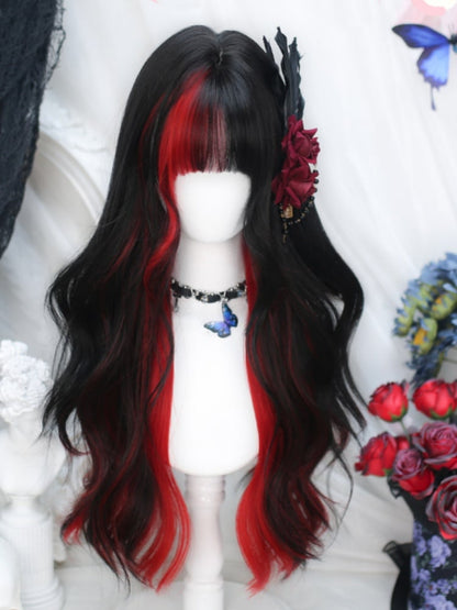 Redand Black Highlight Under Bust Length 65CM Wavy Wig with Full Bangs