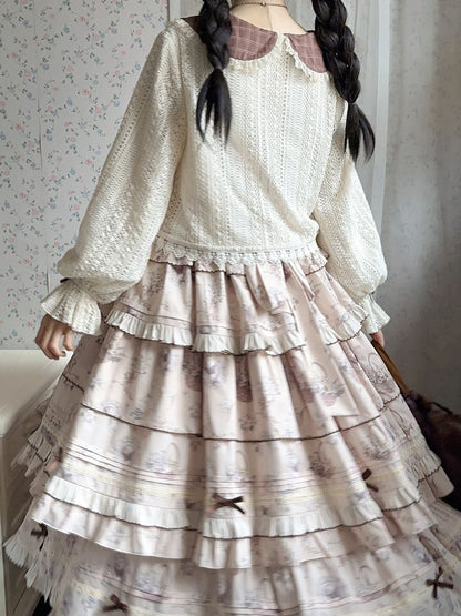 Beige Ruffled Cuffs Crochet Lace Lolita Cardigan with Bow Details