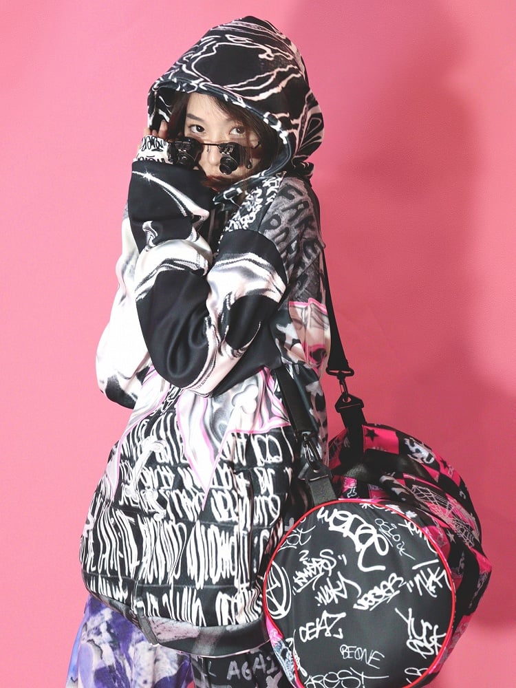 Verschluss Druck Schwarz Zip Brief Hoodie Muster Knochen Große Schleife Gyaru Mode