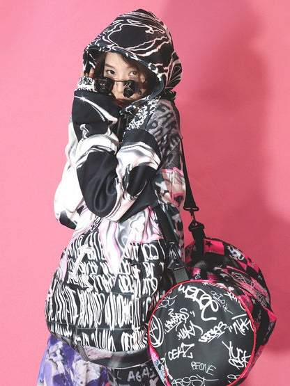 Verschluss Druck Schwarz Zip Brief Hoodie Muster Knochen Große Schleife Gyaru Mode