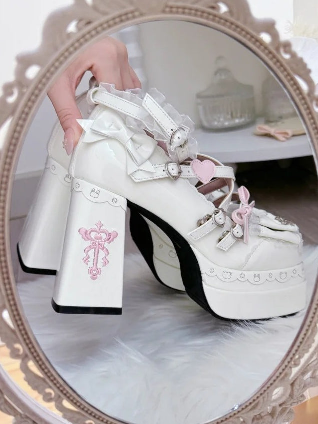 in Heels White Block High Sweet PU Decor Leather Bow -