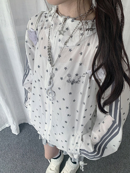 White Star-Print Hooded UV-Protective Jacket