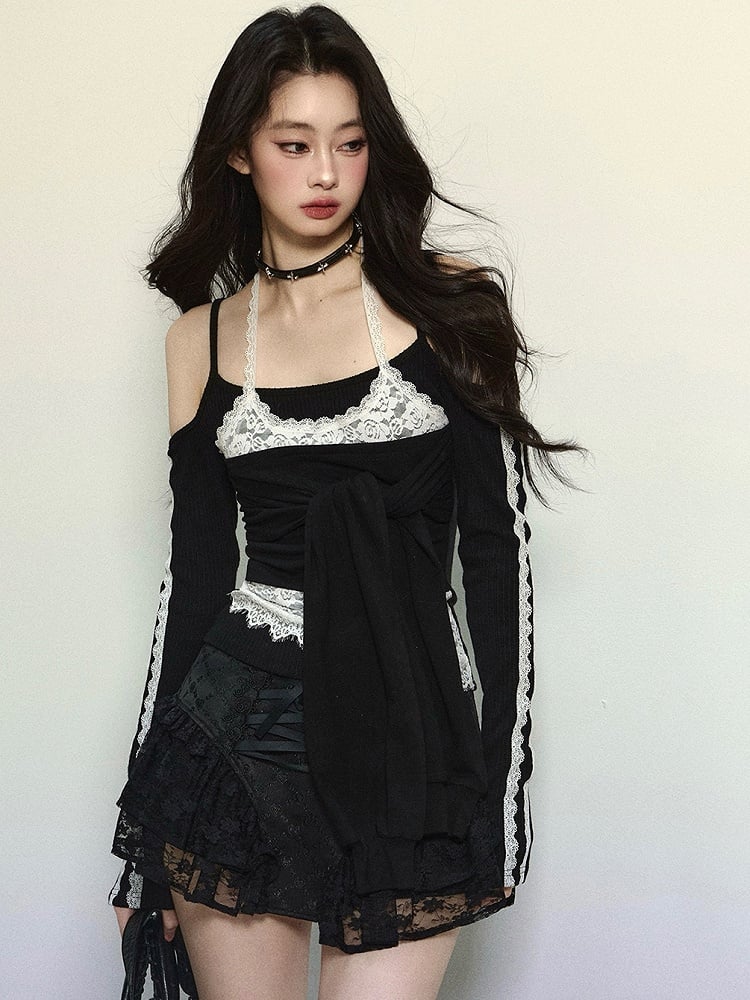 Schwarzes Neckholder-Oberteil mit langen Ärmeln und auffälligem Bindeakzent