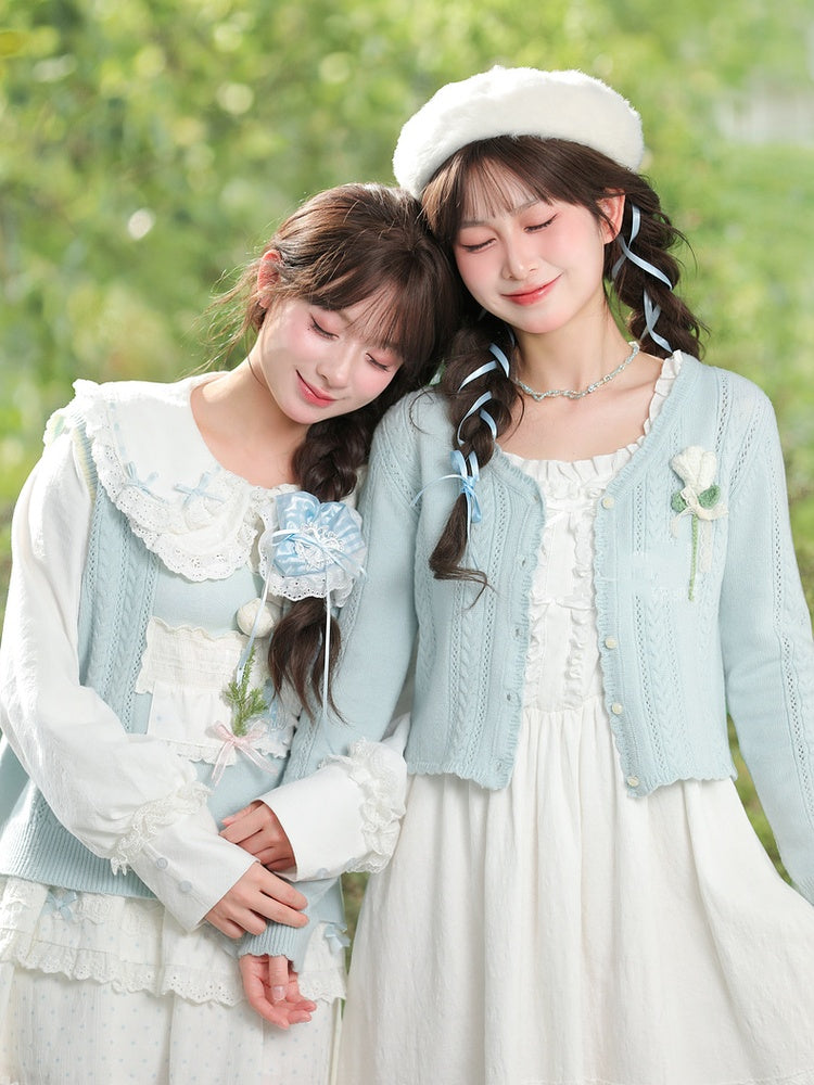 Yume Kawaii Blue Floral Embellishment Knitted Cardigan