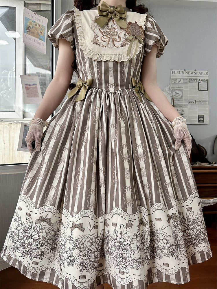 Bodice Pattern and Bowknot Lolita Piece Classic Embroidery Version Brown Long One Striped Floral