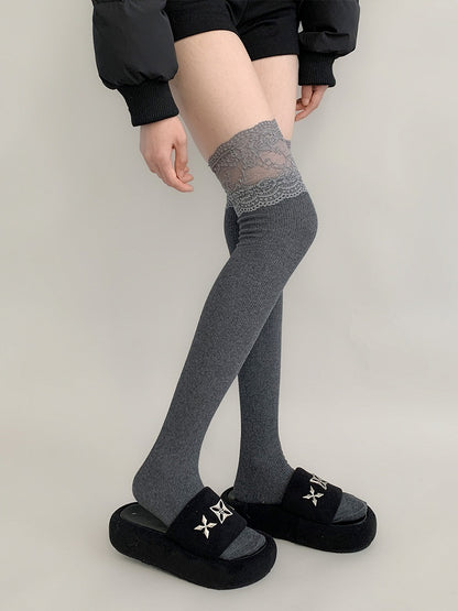 Gray Knit Dark Stockings Lace Ribbed Top