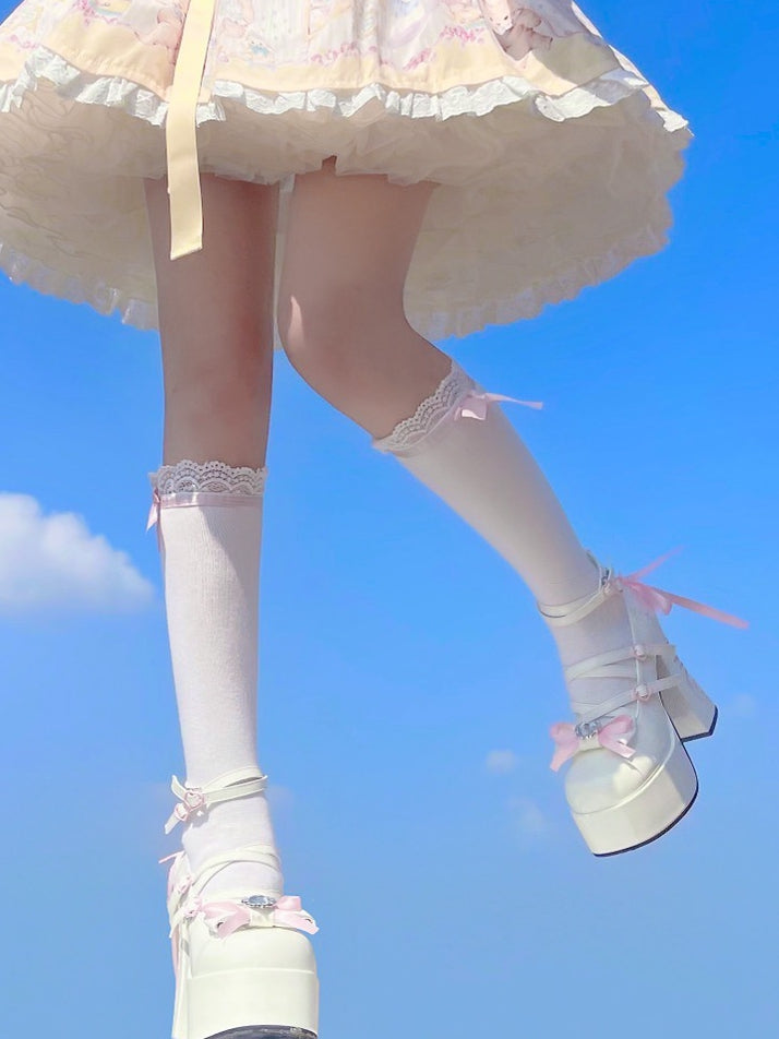 Heels Sweet Block Design - Crisscross High Platform Lolita Weiß
