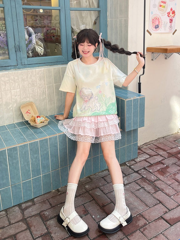 T-Shirt Hellgrün Rundhals Graffiti Lamm Print Lose