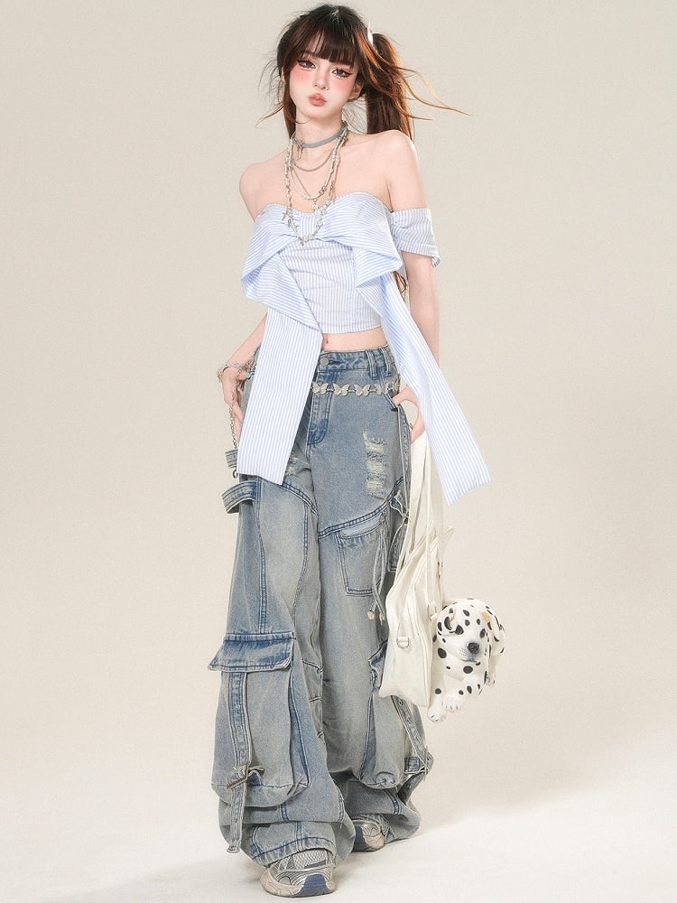 Striped Neckline Glamorous Top Blue Big Bow Cropped