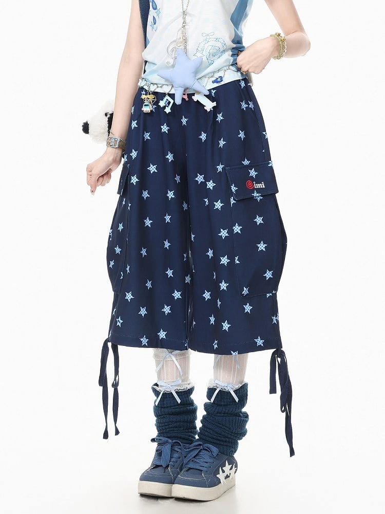 Casual Kawaii Blue Star Print Wide-Leg Cropped Cargo Pants with Drawstring Details