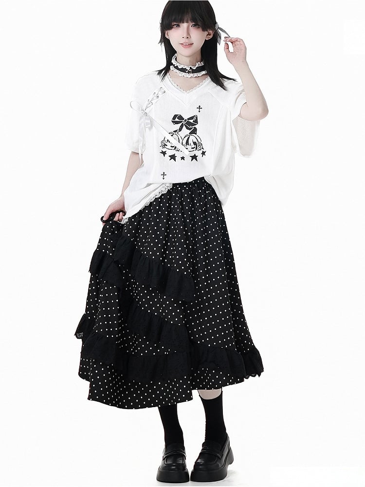 Free Choker T-Shirt White V-Neck Lace-up Detail Blokecore Graphic with