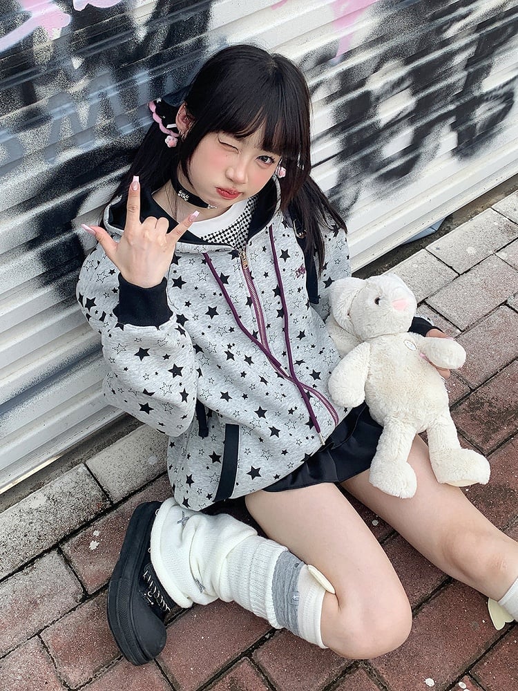 Grey Y2K Hoodie Jacket with Star-print